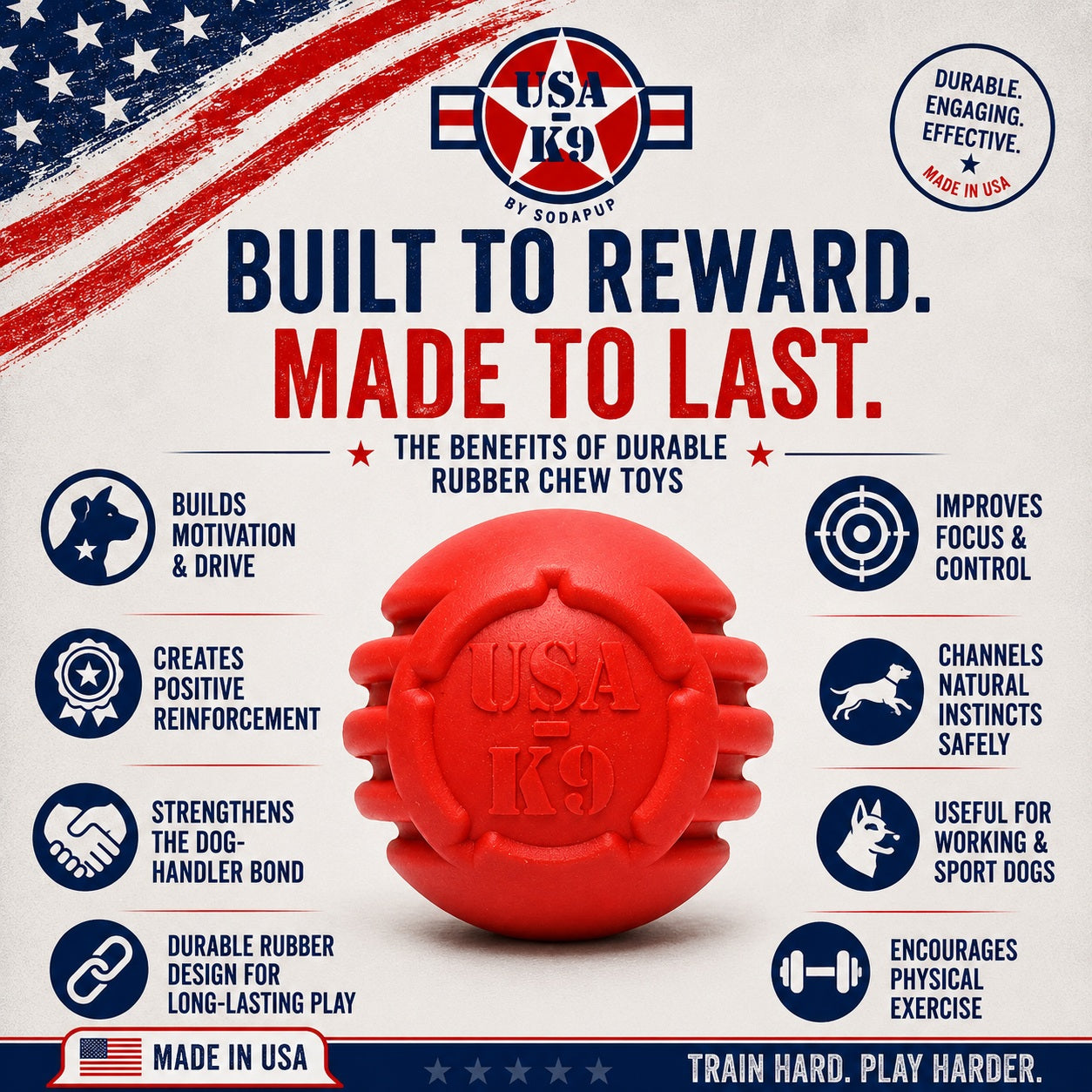 USA-K9 Stars and Stripes Rubber Dog Toy | K9 Handler Reward Toy | Red | USA Made