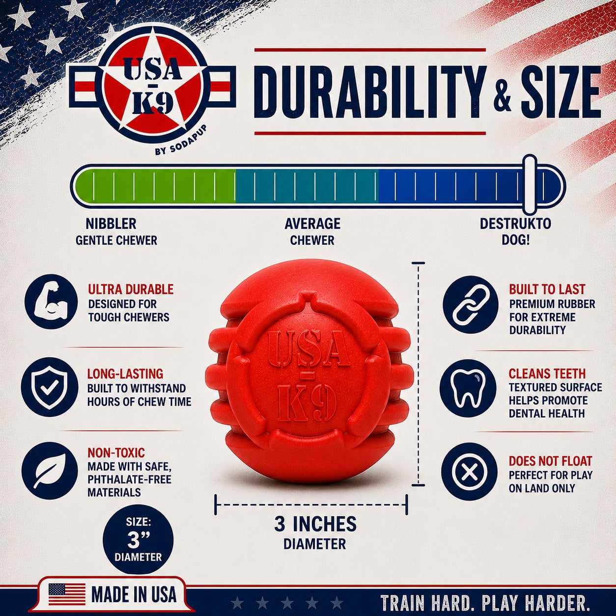 USA-K9 Stars and Stripes Rubber Dog Toy | K9 Handler Reward Toy | Red | USA Made