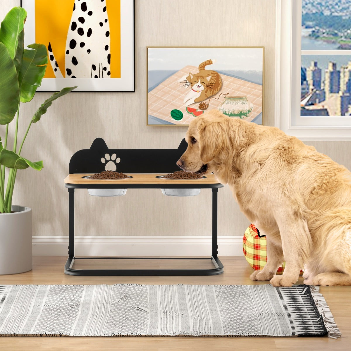 NNECW Metal Raised Dog Bowl Stand with 2 Stainless Steel Food Water Bowls for Medium/Large Dogs